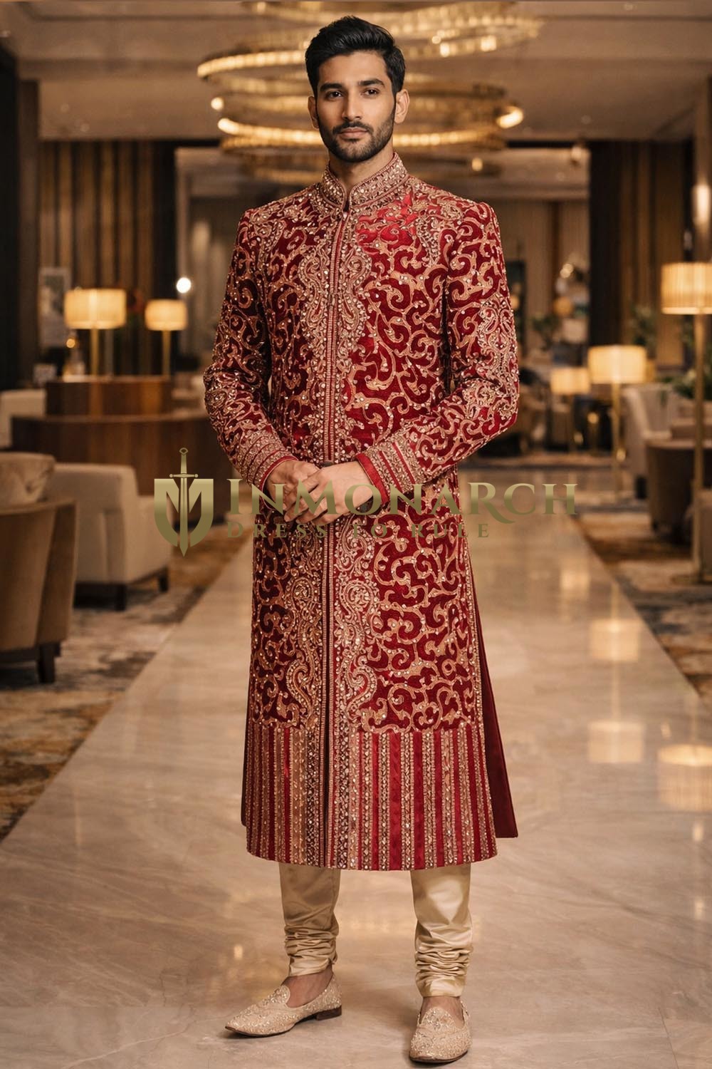 Sherwani boda burdeos con encaje