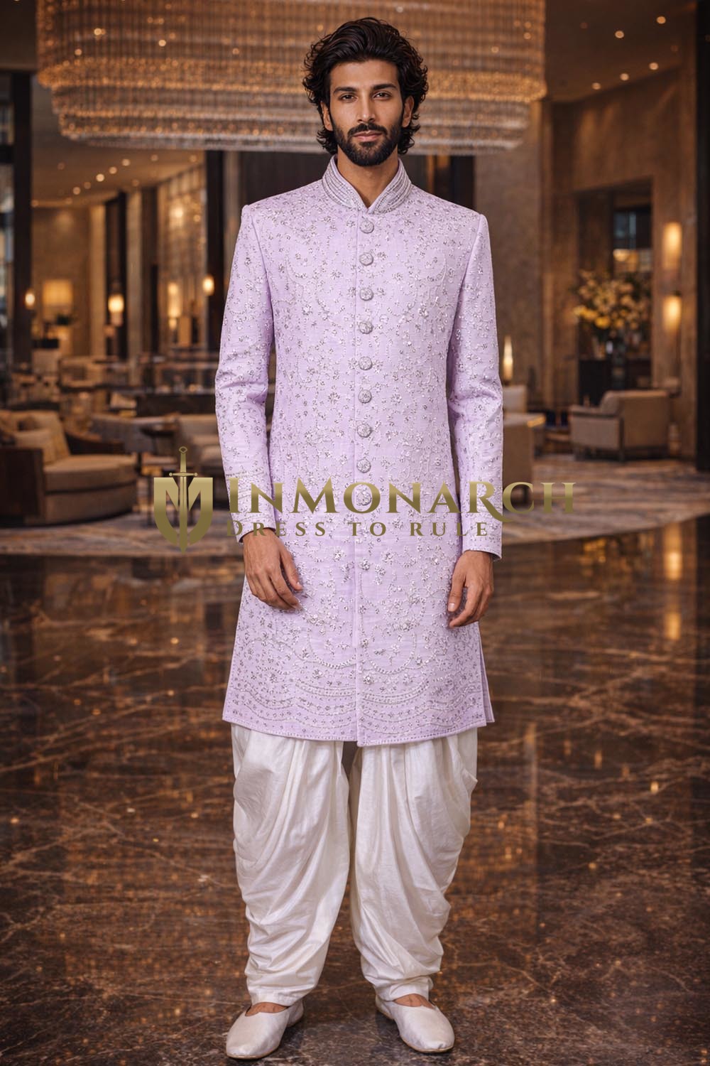 Mens Blush Pink Silk Sherwani for Groom Wedding Embroidered 2Pc Attire