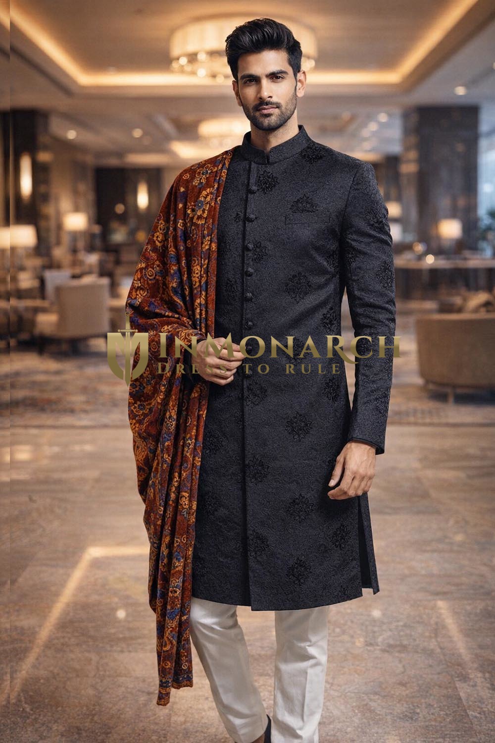 Mens Black Indo Western Outfit Groom Wedding Embroidered 2Pc Ensemble