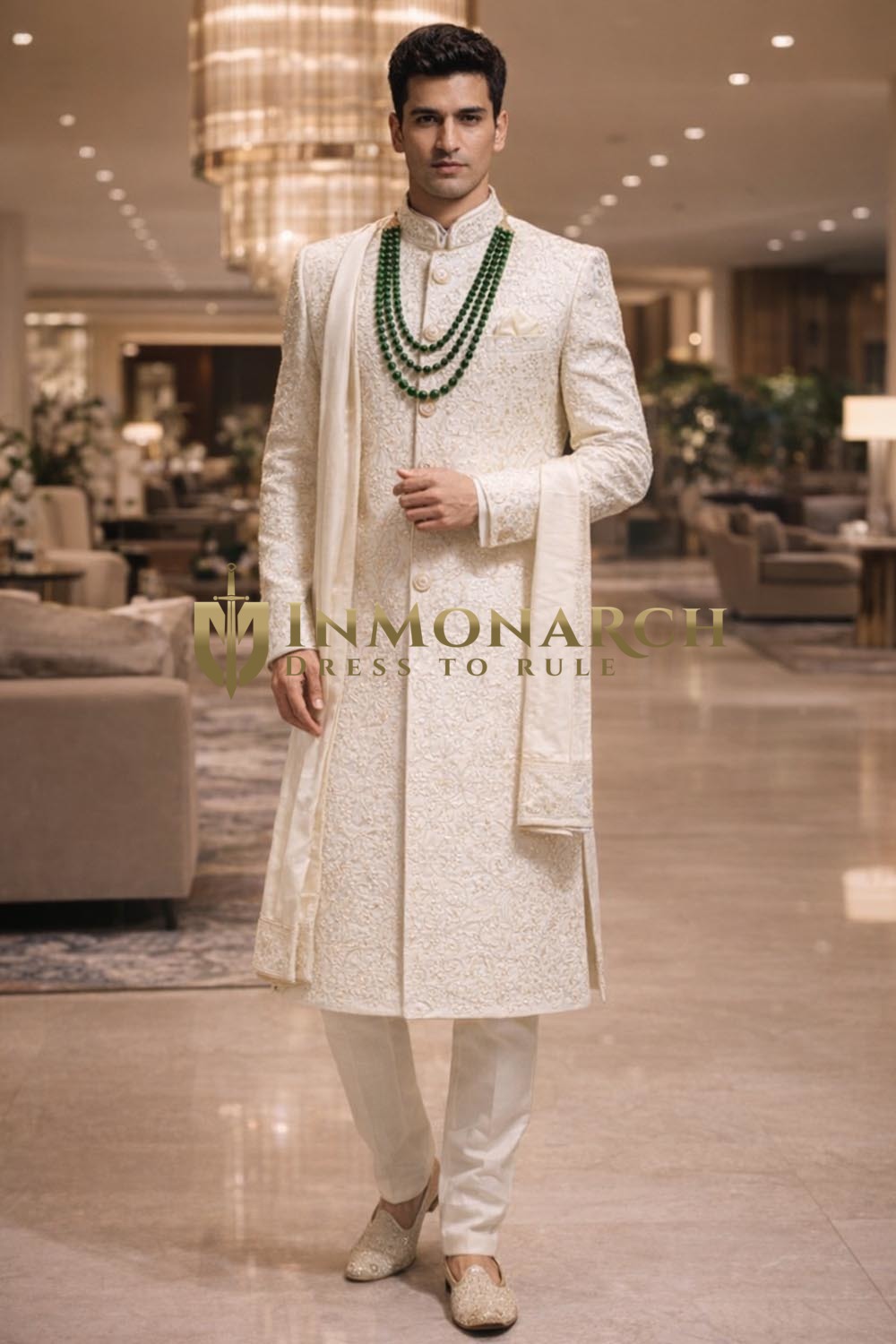 Mens Ivory Silk Sherwani for Groom Wedding Sequined 2Pc Formal Attire