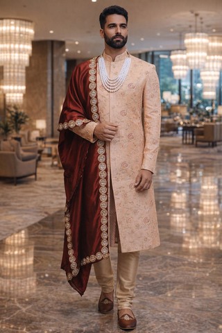 Mens Peach Polyester Sherwani for Groom Wedding Embroidered 2Pc Attire
