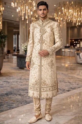 Sherwani champán bordado con dhoti