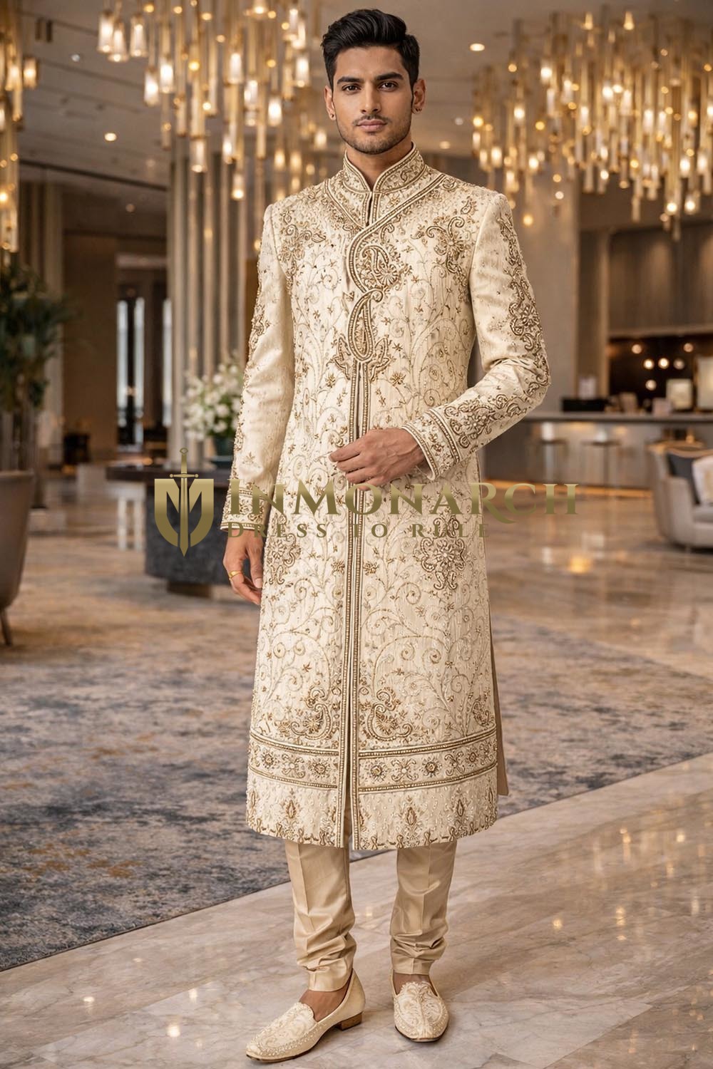 Sherwani champán bordado con dhoti
