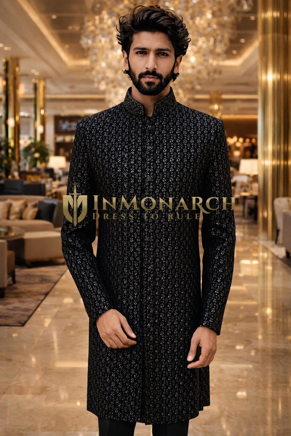 Mens Black Velvet Sherwani for Groom Wedding Embroidered 2Pc Attire