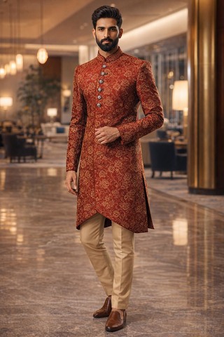 Mens Red Indo Western Outfit Groom Wedding Thread 2Pc Attire