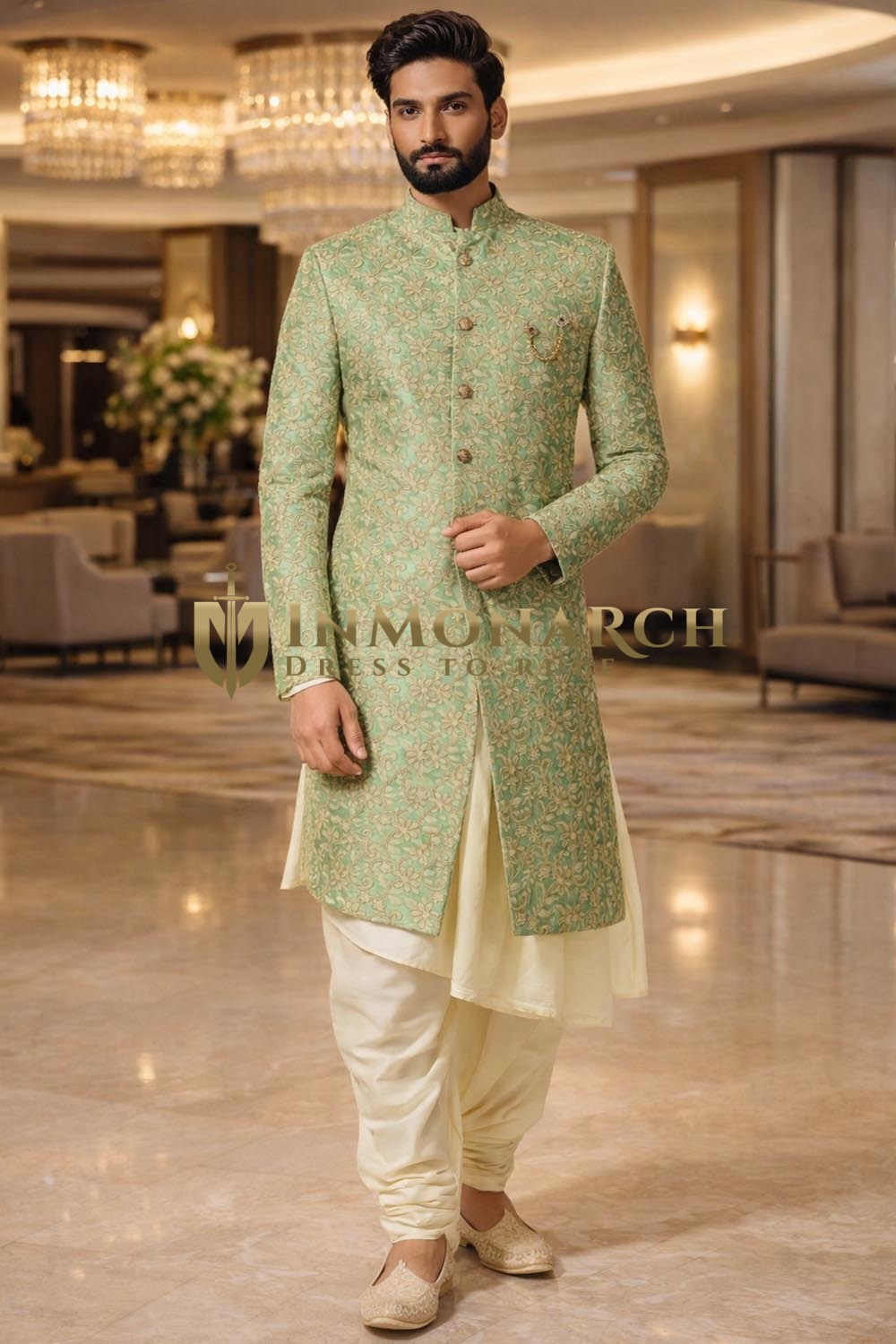 Sherwani corail ethnique indo-occidental pour marié