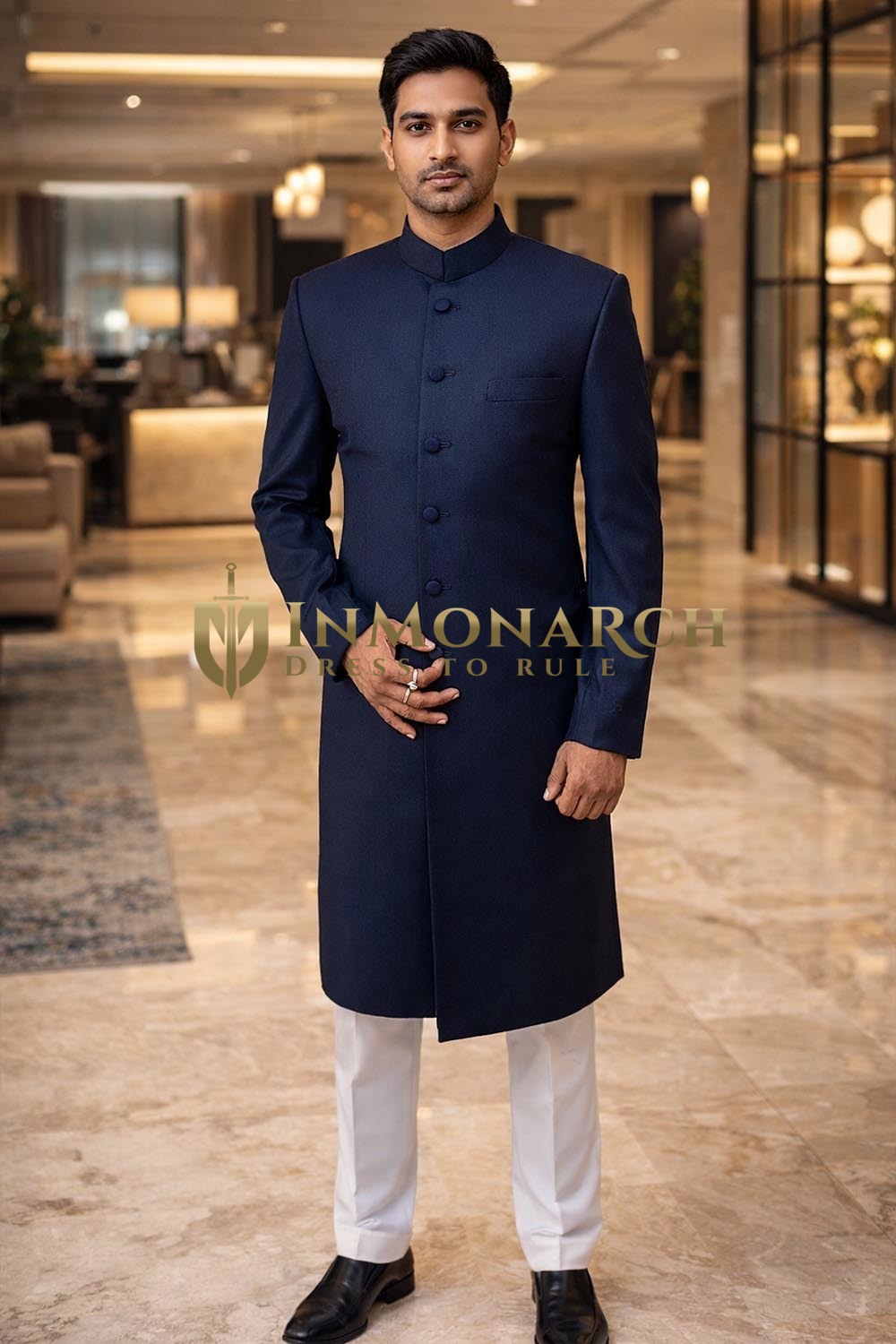Mens Navy Blue Sherwani for Groom Wedding Classic 2Pc Formal Attire