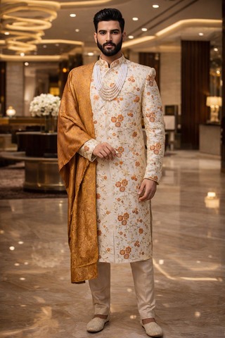 クリーム色オレンジ花柄シェルワーニ