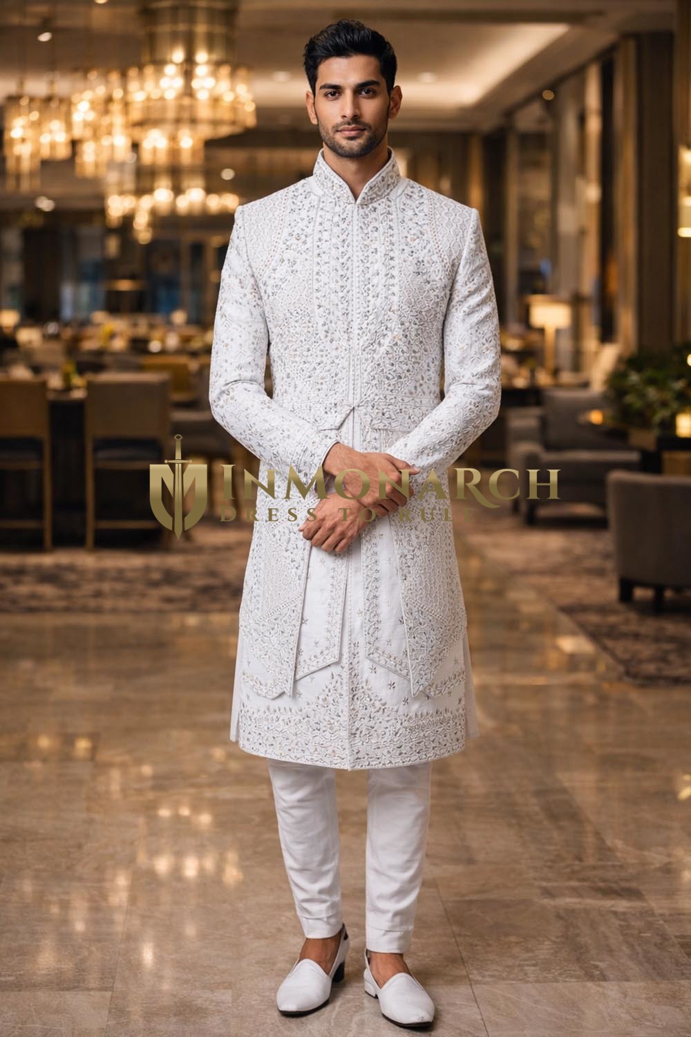 Mens White Embroidered Sherwani for Groom Wedding 2Pc Formal Attire