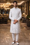 Mens White Embroidered Sherwani for Groom Wedding 2Pc Formal Attire