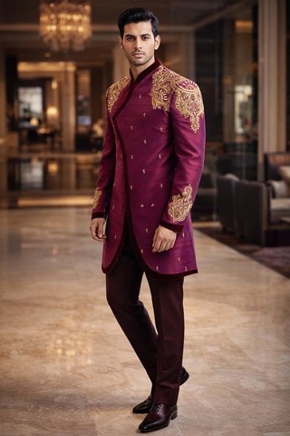 Mens Royal Pink Silk Sherwani for Groom Wedding 2Pc Designer Attire