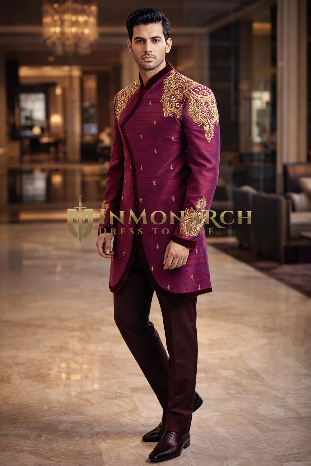Mens Royal Pink Silk Sherwani for Groom Wedding 2Pc Designer Attire
