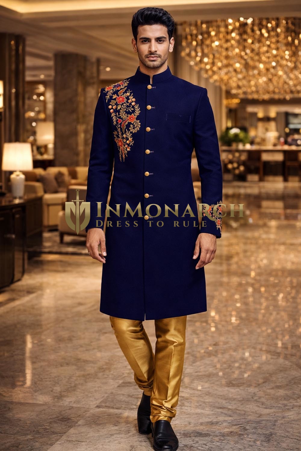 Mens Navy Blue Velvet Sherwani for Groom Wedding 2Pc Embroidered Attire