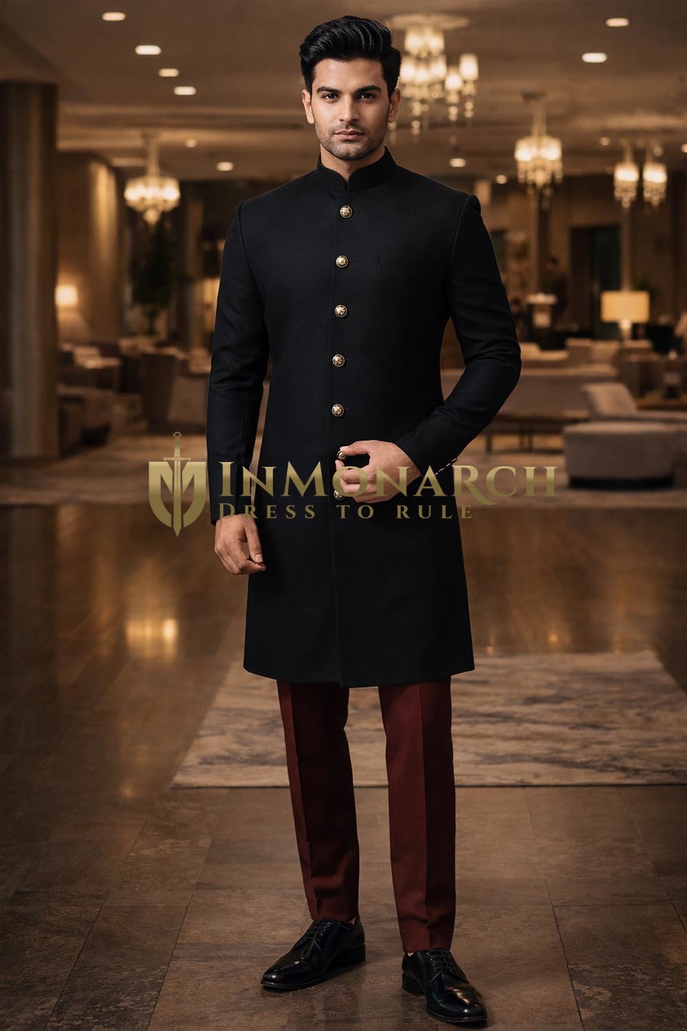 Mens Black Wedding Sherwani 2Pc with Maroon Pant Traditional Groom Outfit
