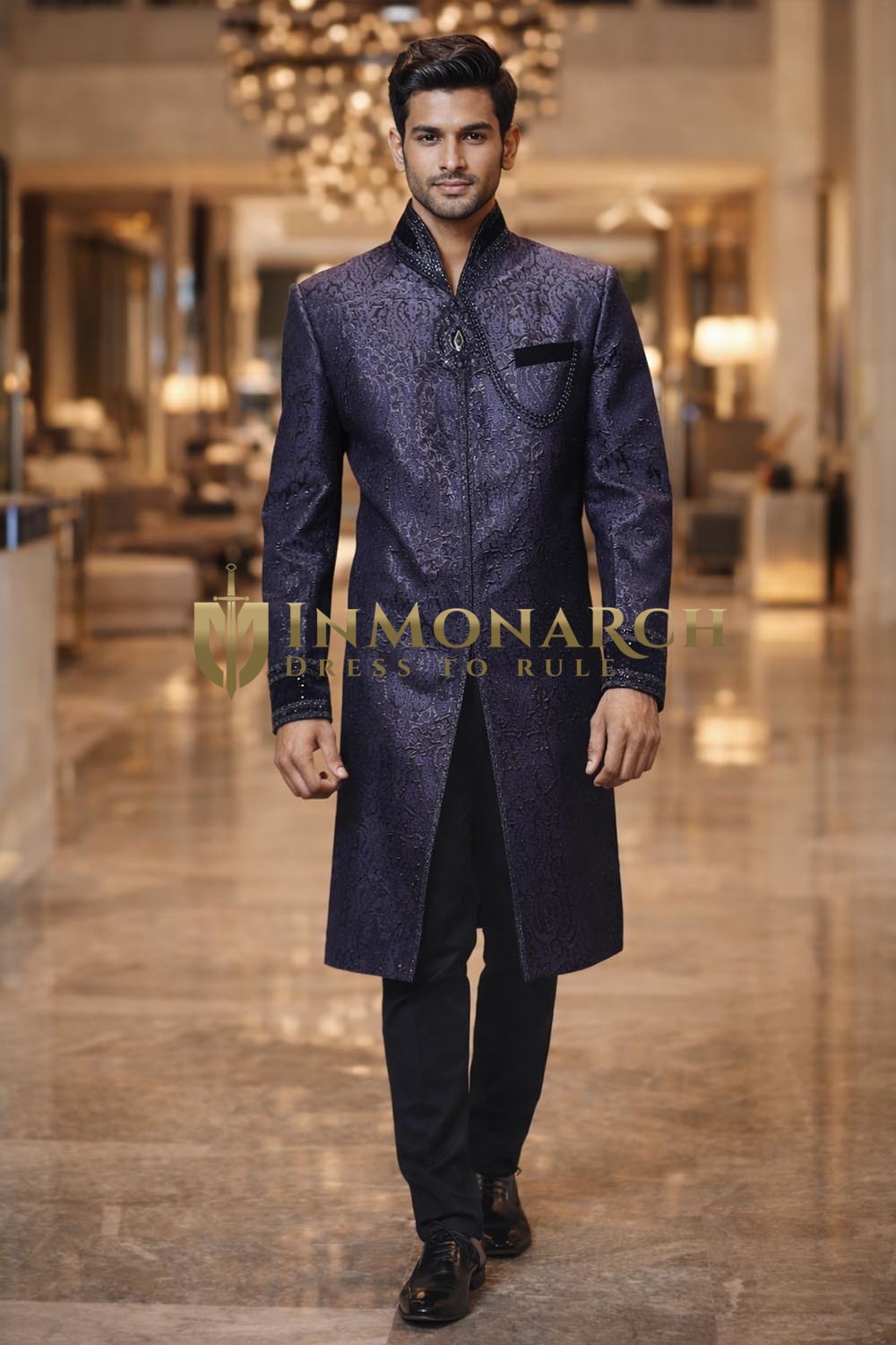 Mens Navy Blue Designer Partywear Sherwani 3Pc Hand Embroidered Bollywood Style