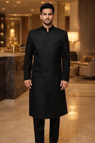 Sherwani noir col Nehru en laine
