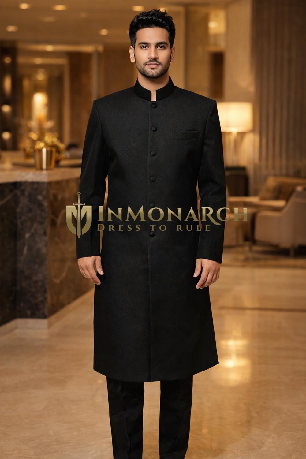 Sherwani noir col Nehru en laine