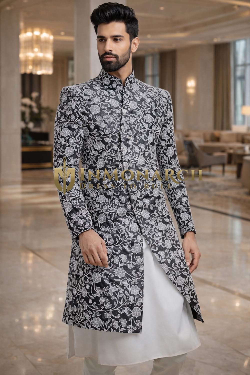 Sherwani occidental noir brodé avec kurta et churidar blancs