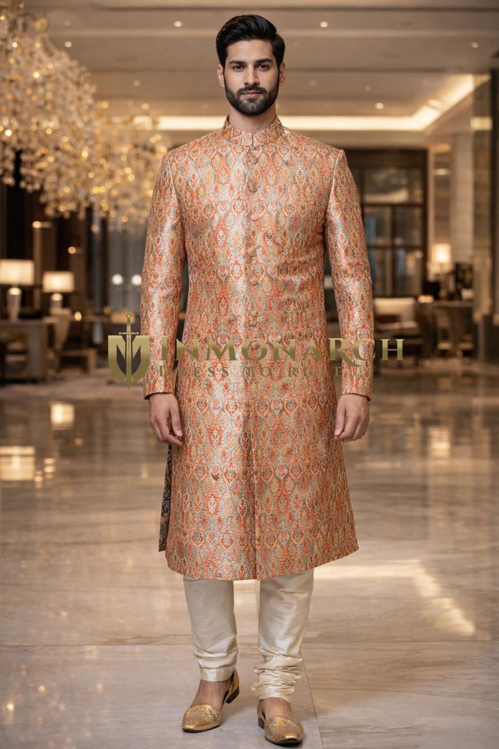 Traditioneller Hochzeits-Sherwani Lachs 7 Knöpfe