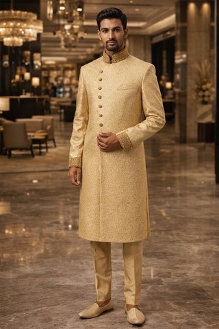 Sherwani dorado Zardosi Swarovski brocado