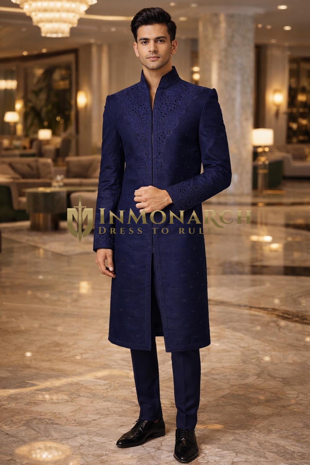 Mens Navy Blue Sherwani for Groom Wedding Embroidered 2 Pc Formal Wear