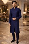 Mens Navy Blue Sherwani for Groom Wedding Embroidered 2 Pc Formal Wear
