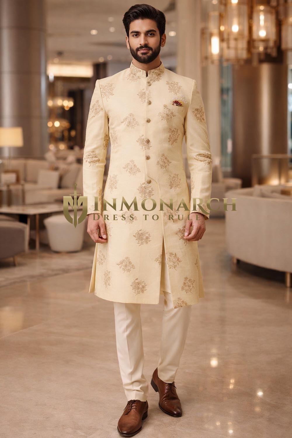 Mens Yellow Indo Western Sherwani 3 Pc Groom Wedding Embroidered Outfit