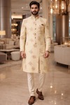 Mens Yellow Indo Western Sherwani 3 Pc Groom Wedding Embroidered Outfit