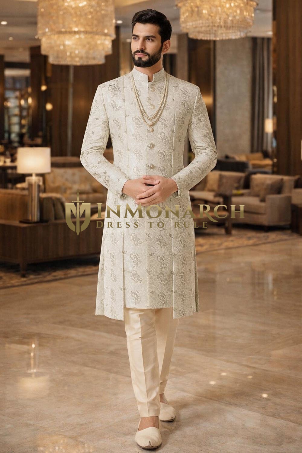 Mens Ivory Sherwani for Groom Wedding Designer 2 Pc Formal Outfit