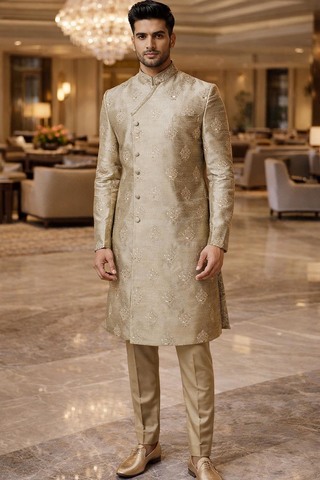 Sherwani indo-occidental brodé vert olive pour marié