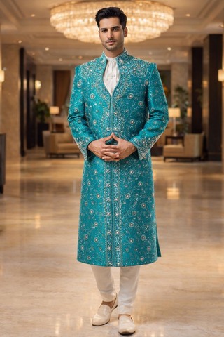 Sherwani turquoise moderne marié brodé