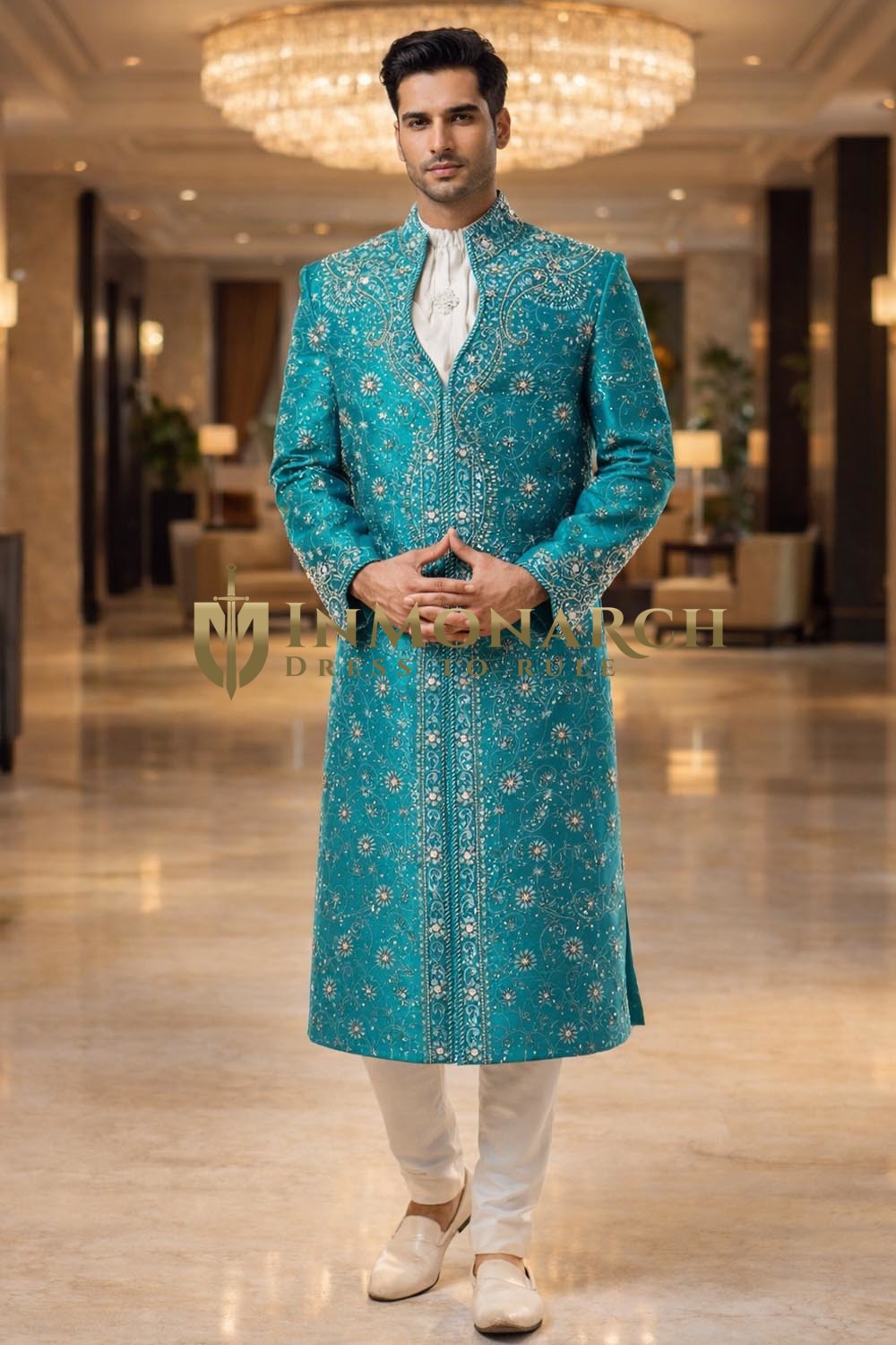 Sherwani turquoise moderne marié brodé