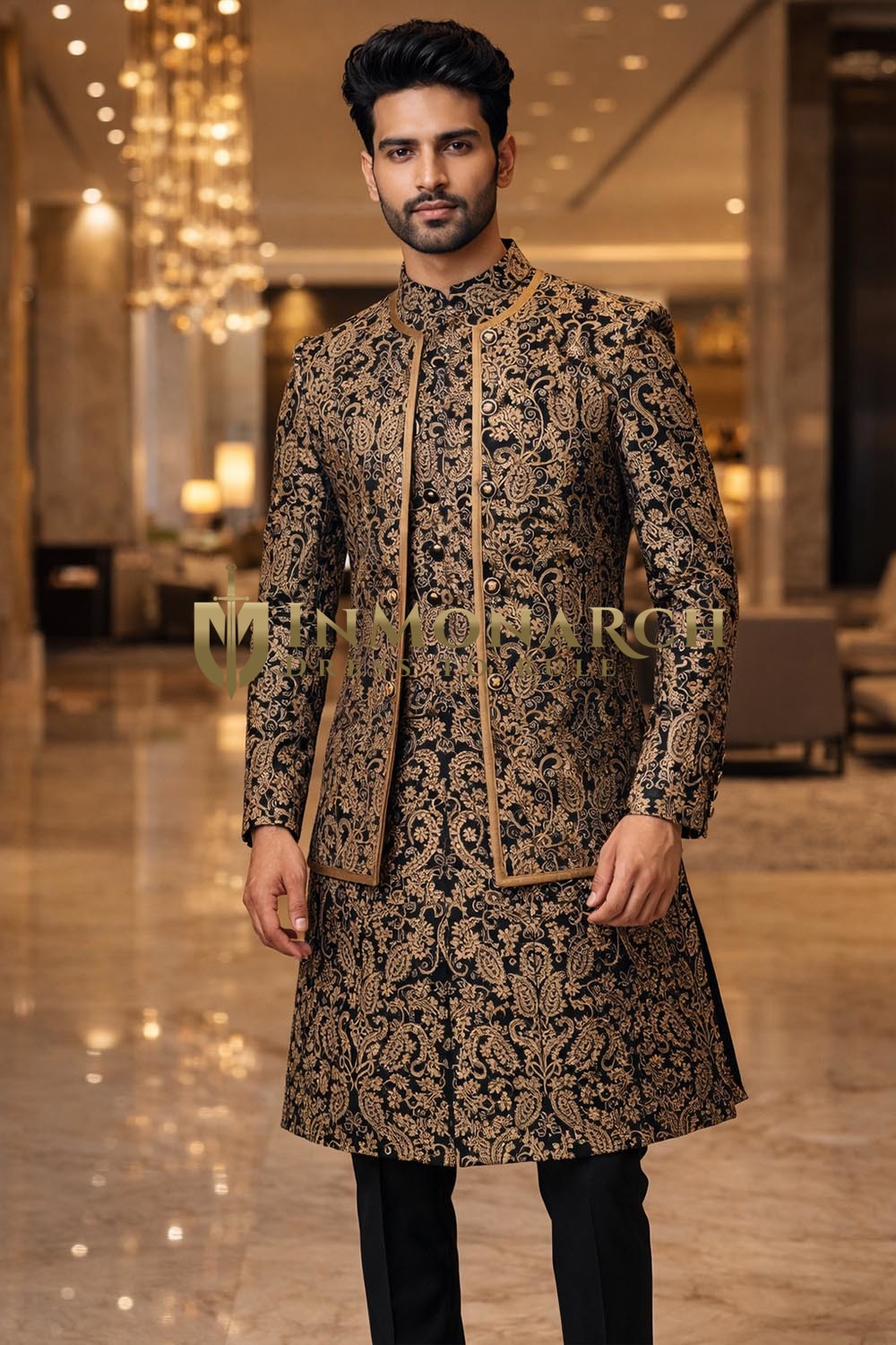 Sherwani indo-occidental noir brodé pour marié