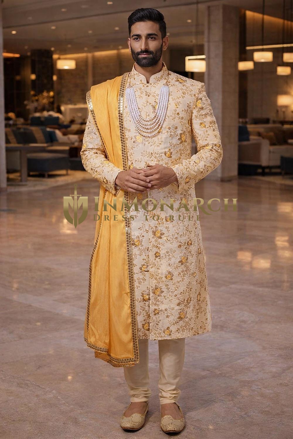 Mens Ivory Floral Sherwani 2 Pc Groom Wedding Embroidered Attire