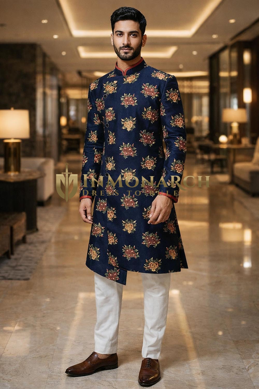 Mens Navy Indo Western Sherwani 2 Pc Groom Wedding Floral Attire