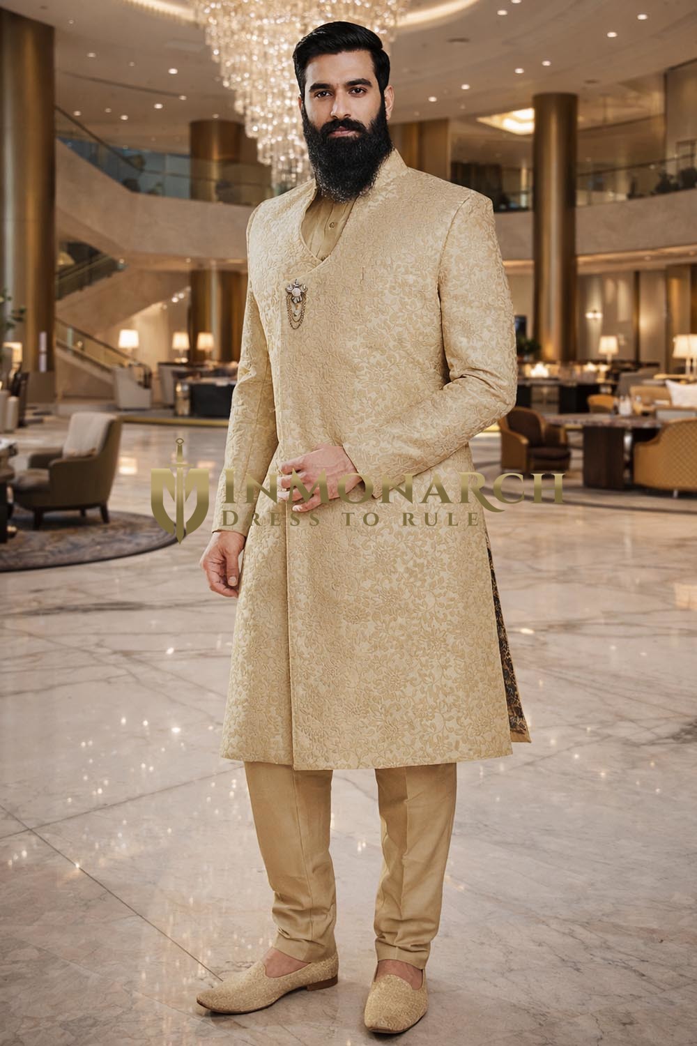 Champagne Floral Wedding Sherwani 4 Pc Kurta Churidar Brooch Set