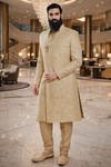Champagne Floral Wedding Sherwani 4 Pc Kurta Churidar Brooch Set