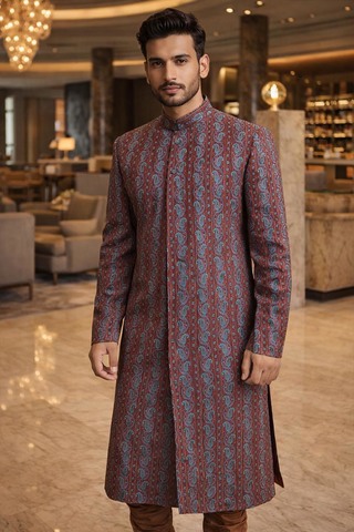 Turquoise Burgundy Brocade Wedding Sherwani 2 Pc Churidar Set