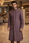 Turquoise Burgundy Brocade Wedding Sherwani 2 Pc Churidar Set