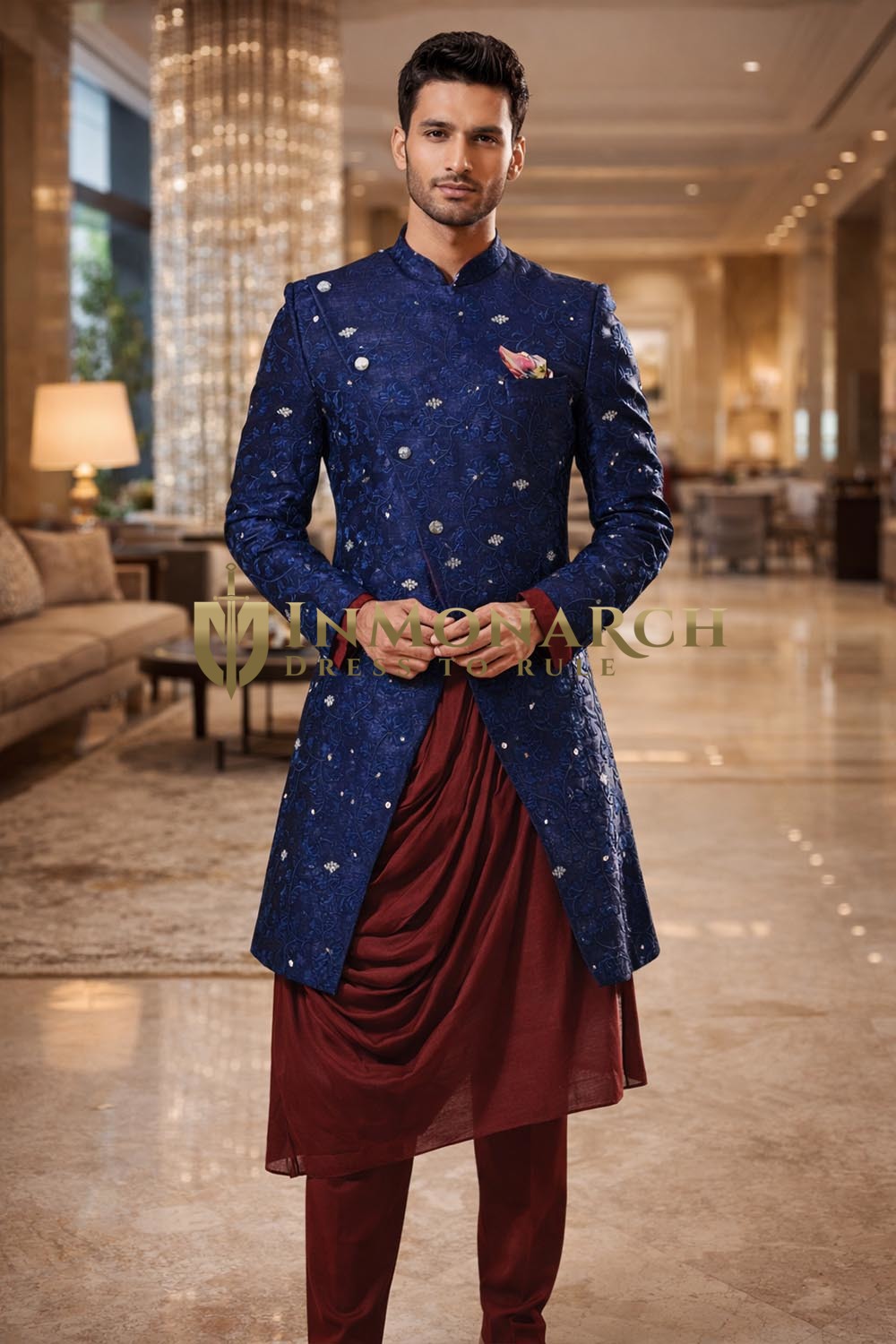 Navy Blue Embroidered Wedding Sherwani 4 Pc Groom Kurta Churidar Set