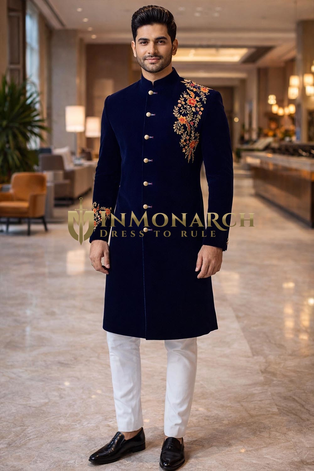 Navy Blue Velvet Wedding Sherwani 2 Pc Floral Embroidered Groom Set