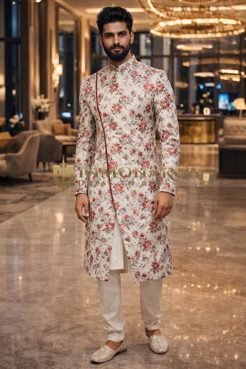 Sherwani indowestern gris rose brodé homme