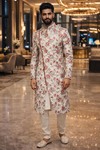 Sherwani indowestern gris rose brodé homme