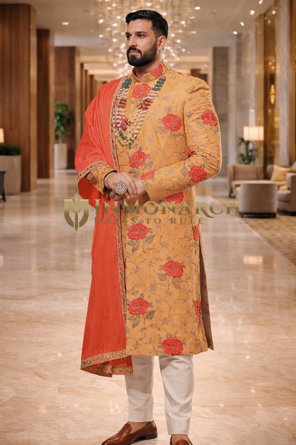 Mens Tangerine 2 Pc Sherwani for Groom Wedding Floral Embroidered Outfit