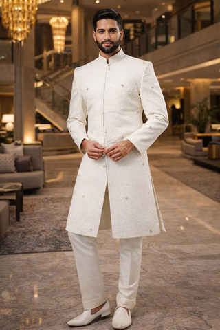Mens Cream 2 Pc Sherwani for Groom Wedding Thread Embroidered Outfit