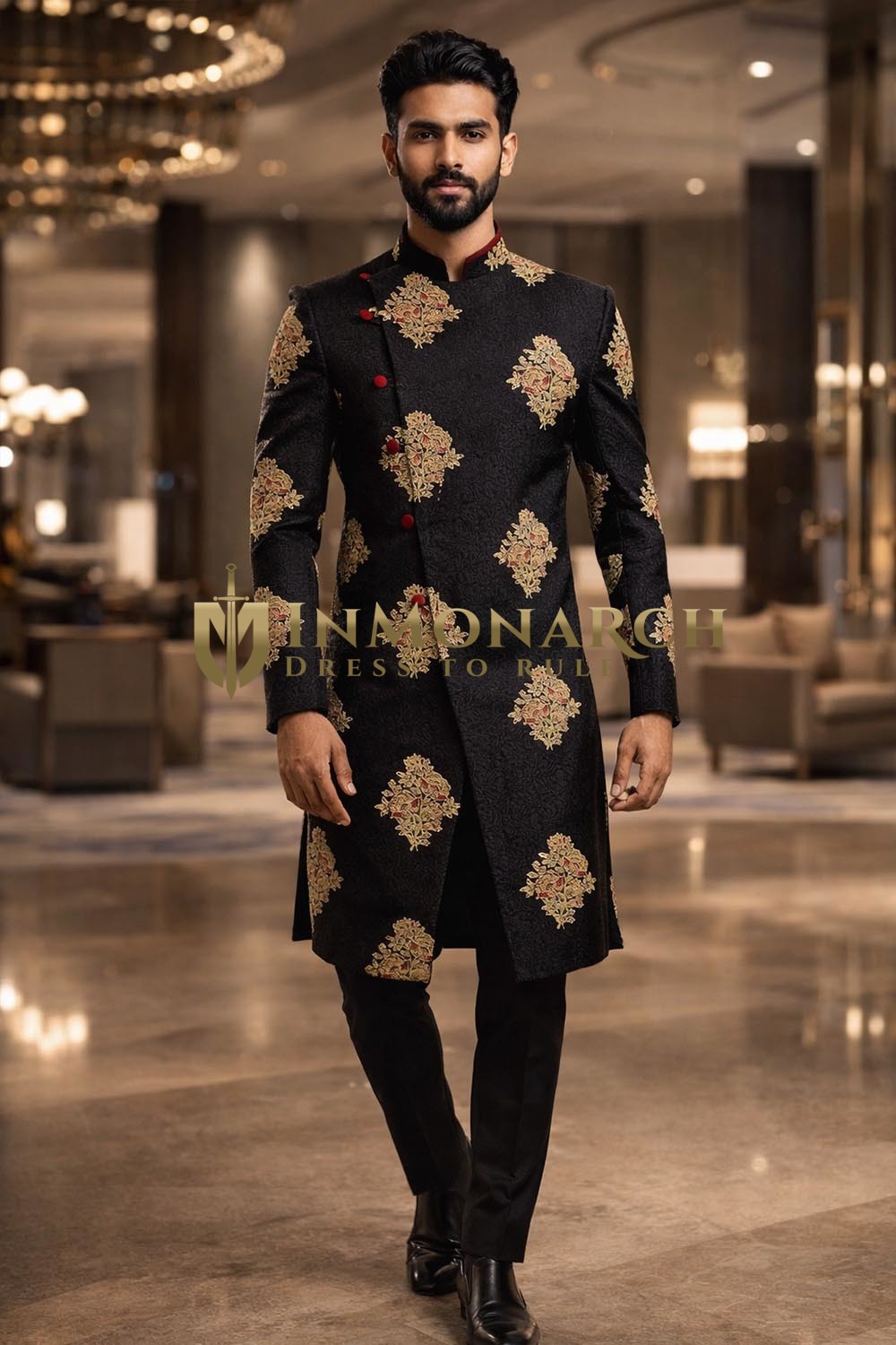 Mens Black 2 Pc Indo Western Outfit Groom Wedding Embroidered Attire