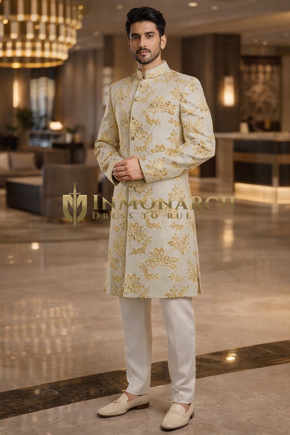 Sherwani floral moderno indio topo