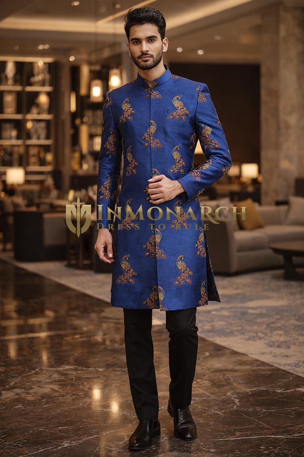 Mens Ink Blue 2 Pc Indo Western Outfit Groom Wedding Peacock Attire