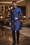 Mens Ink Blue 2 Pc Indo Western Outfit Groom Wedding Peacock Attire