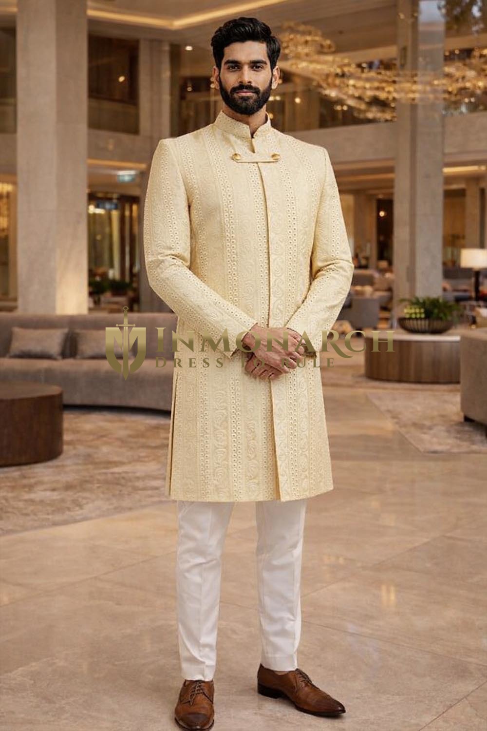 Mens Cream 2 Pc Sherwani for Groom Wedding Royal Cutwork Attire